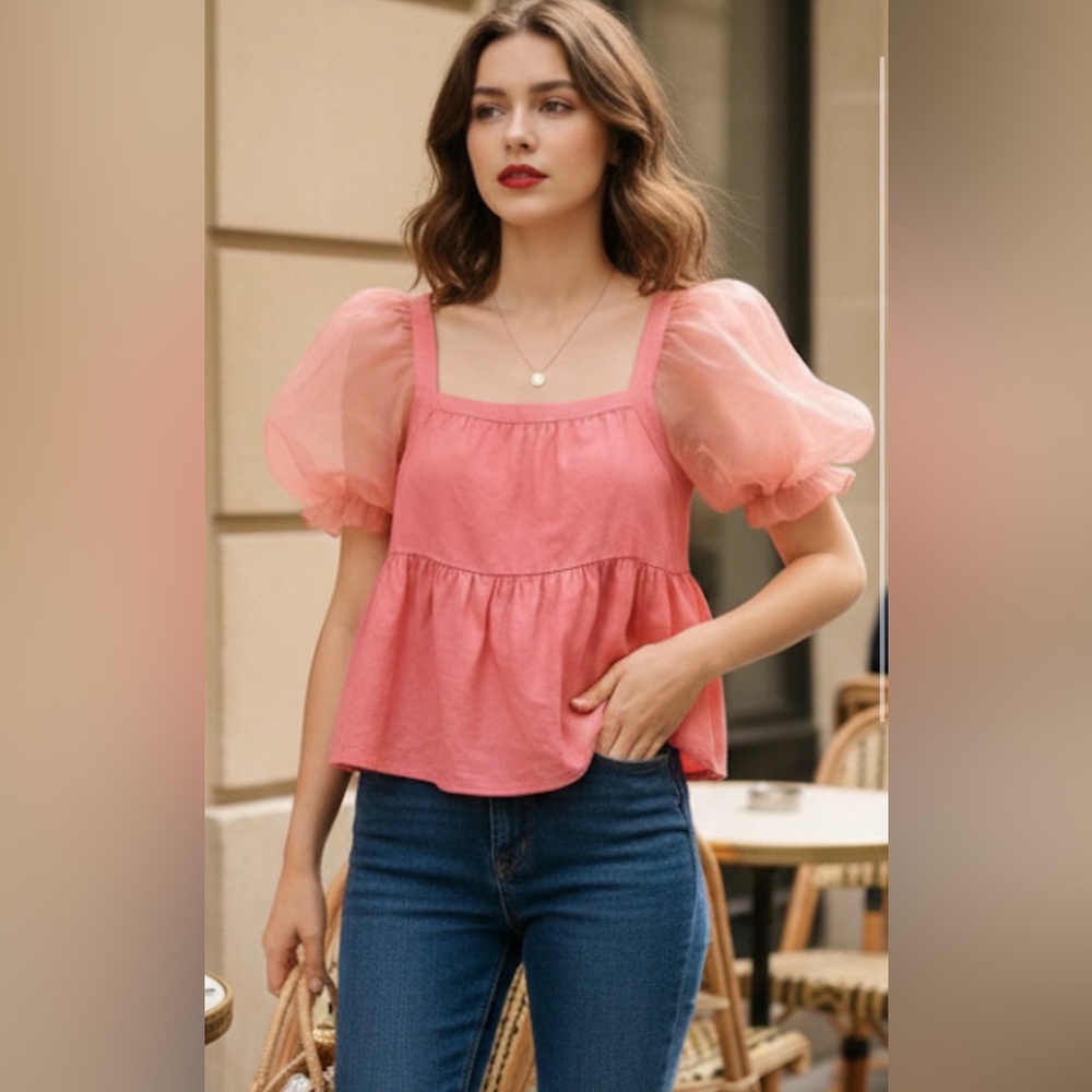 Tuckernuck $128 Pomander Place Tinsley Mesh Puff Sleeve Top in Pink Size Small